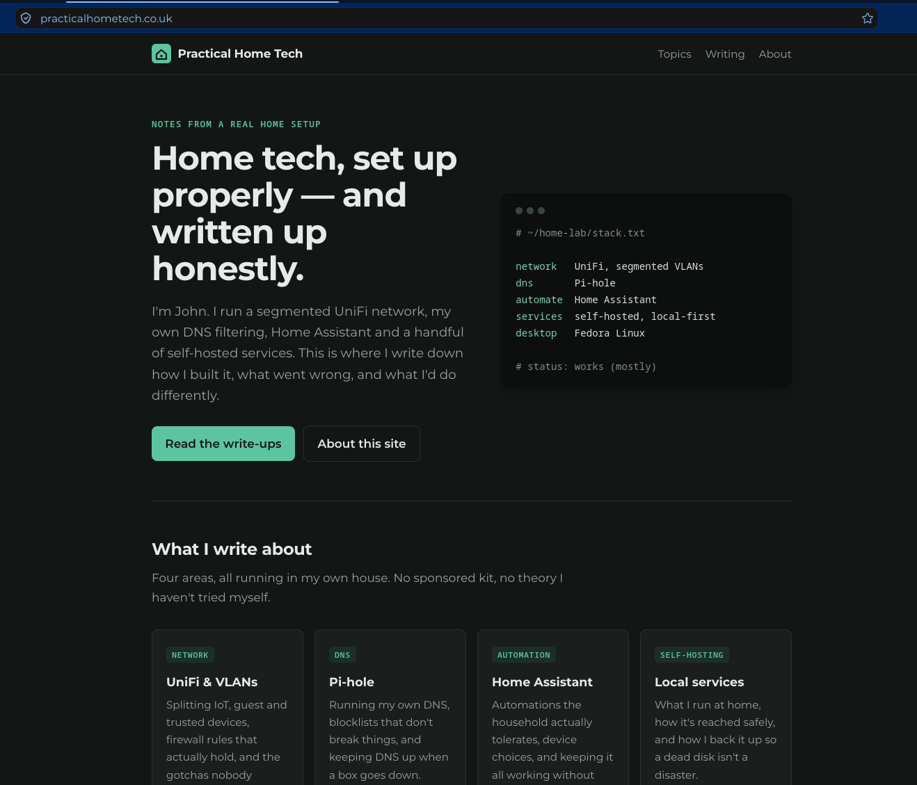 The first version of the site: a single-page homepage Claude built for me